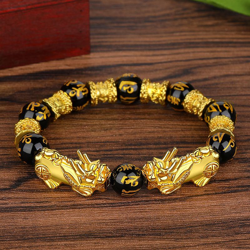 Bracciale unisex con perline di mantra a sei caratteri in ossidiana color oro e moda_voghion.com