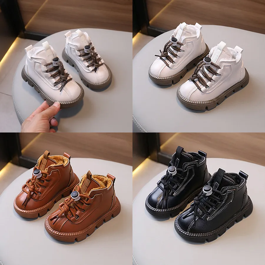 Botas cortas impermeables de cuero Happysteps para niños, zapatos de algodón cálidos y gruesos de felpa para la nieve, de invierno, a la moda, de cuero para niños pequeños_voghion.com