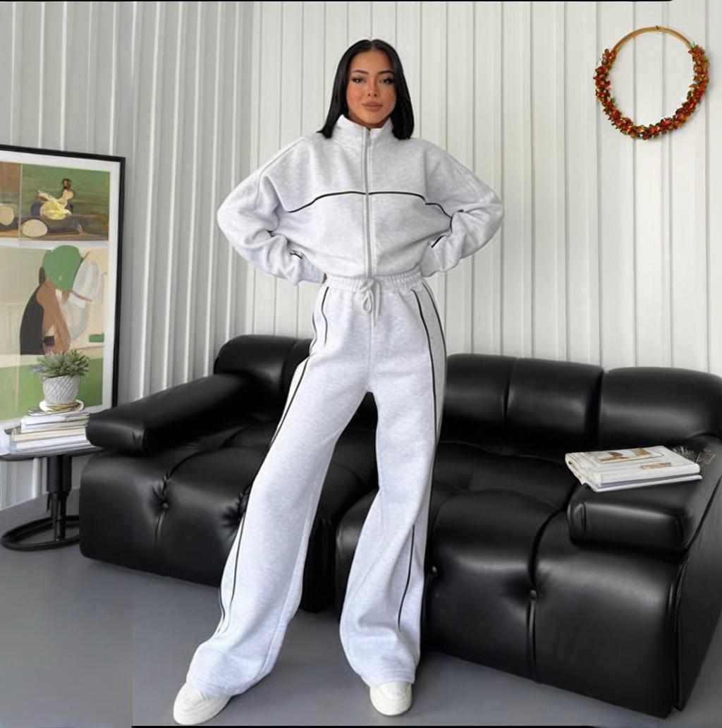 Women’s Clothing Long Sleeve High Neck Sweater & Drawstring Stripe Pants Set – Casual Streetwear Two-Piece Outfit​​