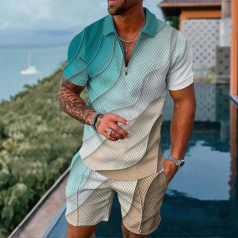 Survêtements pour hommes, ensemble de costume d'été imprimé 3D couleur unie, polo à manches courtes et short, mode fermeture éclair, deux pièces pour hommes_voghion.com