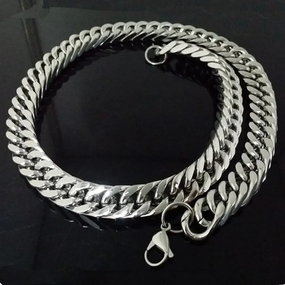Chaînes 8/10/12/15/17/19MM de large en acier inoxydable couleur argent chaîne cubaine pour hommes et femmes collier ou bracelet 7-40" bijoux_voghion.com