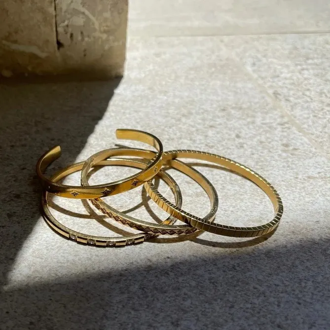 New Waterproof Stainless Steel Stacking Open CZ Cuff Bangles Gold Plated Star Zircon Bracelet Women INS Summer 2022_voghion.com