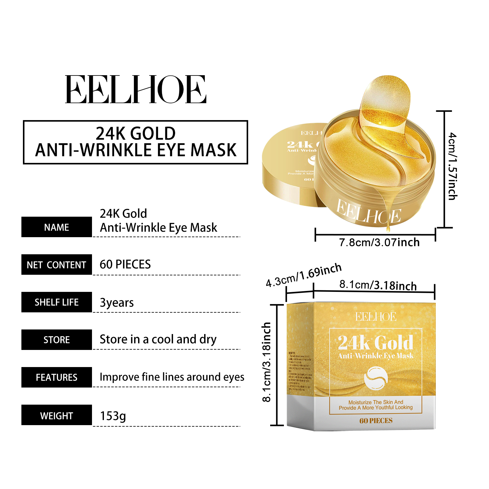 EELHOE Gold Anti-Wrinkle Eye Mask, Moisturizing And Improving Eye Lines Brightening And Moisturizing Eye Skin Eye Care_voghion.com