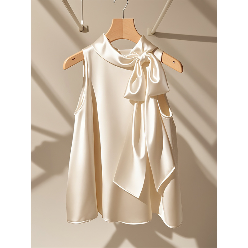 Women's Clothing High End Chic Champagne Satin Halter Neck Top Female Light Mature Niche Bow Sleeveless Shirt