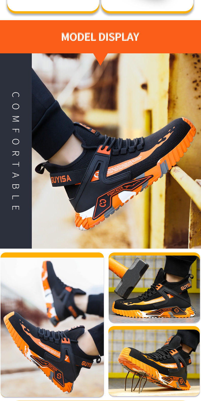 Buty robocze GUYISA dla mężczyzn z metalowym noskiem, odporne na rozbicie i przebicie, oddychające, w kolorze pomarańczowym 0296RE CN39-44_voghion.com