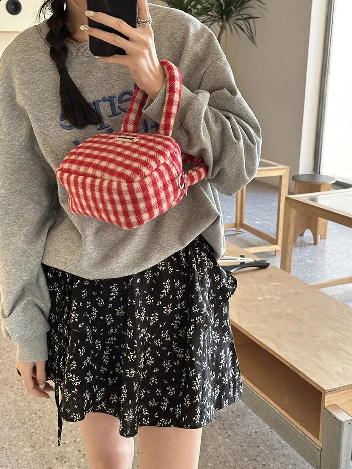 Xiuya Vintage Süße Handtasche für Damen Rot Kariert Buchstaben Weiche Kawaii Crossbody Herbst Winter Schultertasche 240816_voghion.com