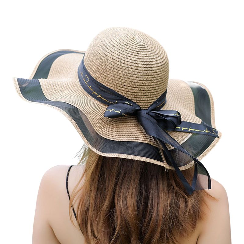 Women's Straw Hat Color Block Bow Summer Sun Hat Khaki Stylish_voghion.com