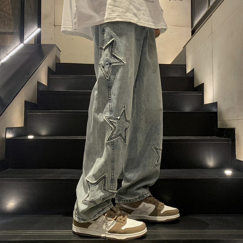Sens du design du denim droit pour hommes, jambe large de marque tendance d'hiver, printemps et automne ample American High Street Vibe