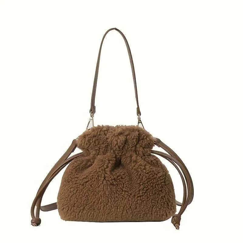 Sac de créateur Mini sac en peluche tendance en forme de croix avec Drstrip - sac seau doux et pelucheux pour femme avec bandoulière amovible en polyester_voghion.com