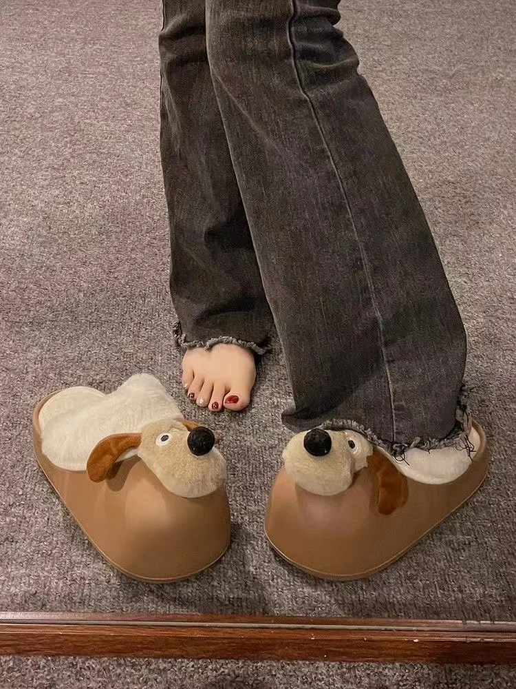 Cartoon Hond Afneembare Waterdichte Winter Leuke Warme Katoenen Pantoffels voor Vrouwen_voghion.com