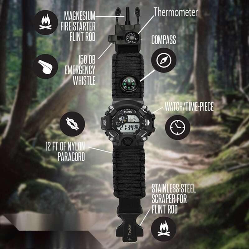 Multi - Functional Outdoor Adventure Bracelet: Umbrella Rope, Flint, Compass, Thermometer, Watch_voghion.com