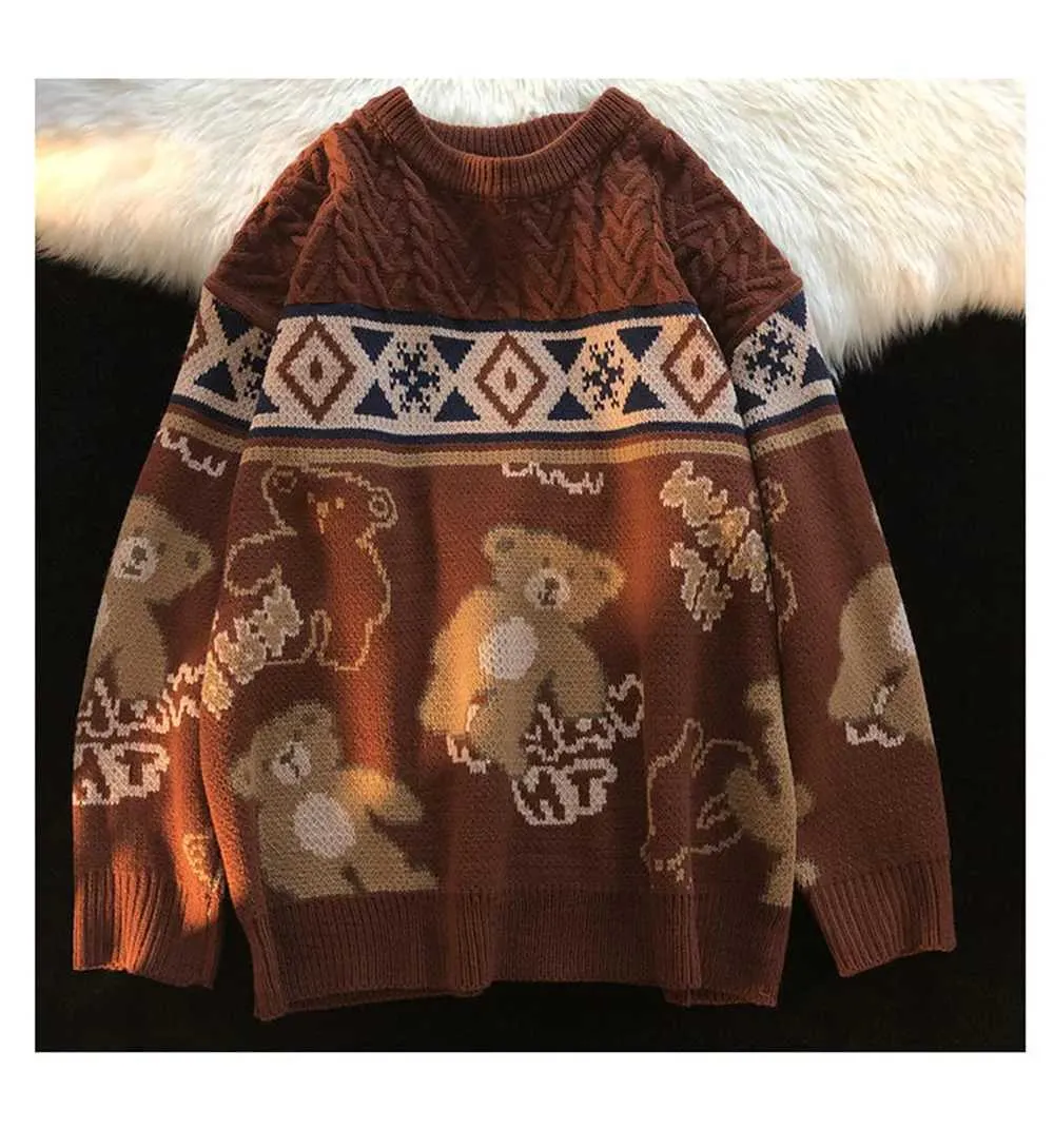 Niedlicher Bär Übergroßer Herren High Street Stricktop Herbstpullover Lose Haruku Kawaii Weiß Damen Paarpullover_voghion.com