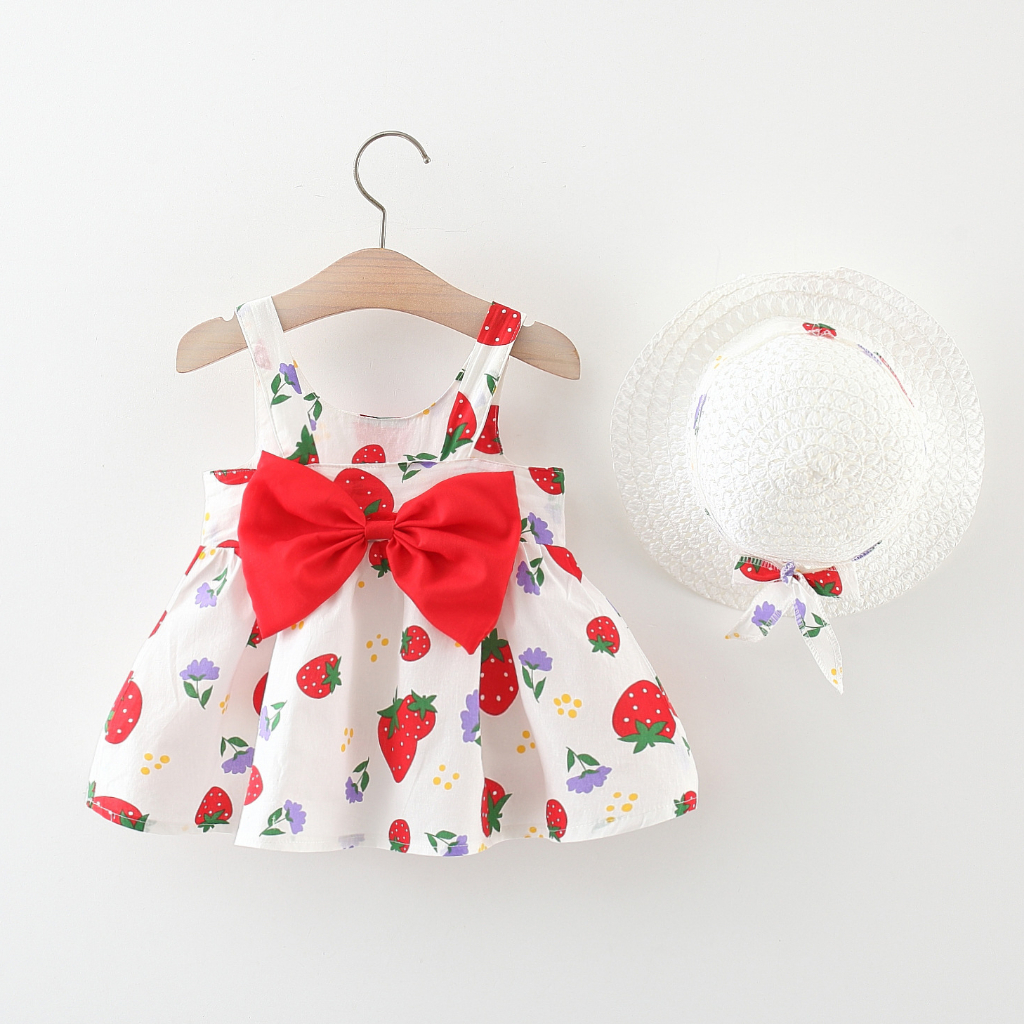 Vestido para niña con estampado de fresas y lazo, ropa de playa para bebé, sombrero incluido_voghion.com