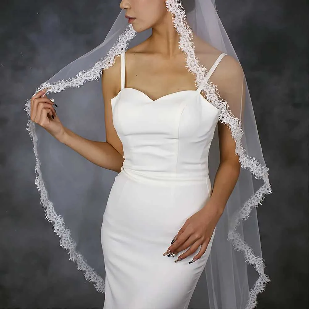 Hair Jewelry Veil 1 Tier Long Veils Wedding Bridal Accessories Scallop Lace Trim Soft Tulle Short Veu VP98_voghion.com