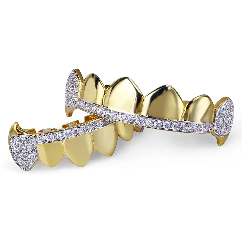Echtes Gold Zähne Fang Grillz Punk Hip Hop Cubic Zirkon Iced Out Vampire Dental Mund Grills Zahnspangen Zahnkappe Rapper_voghion.com