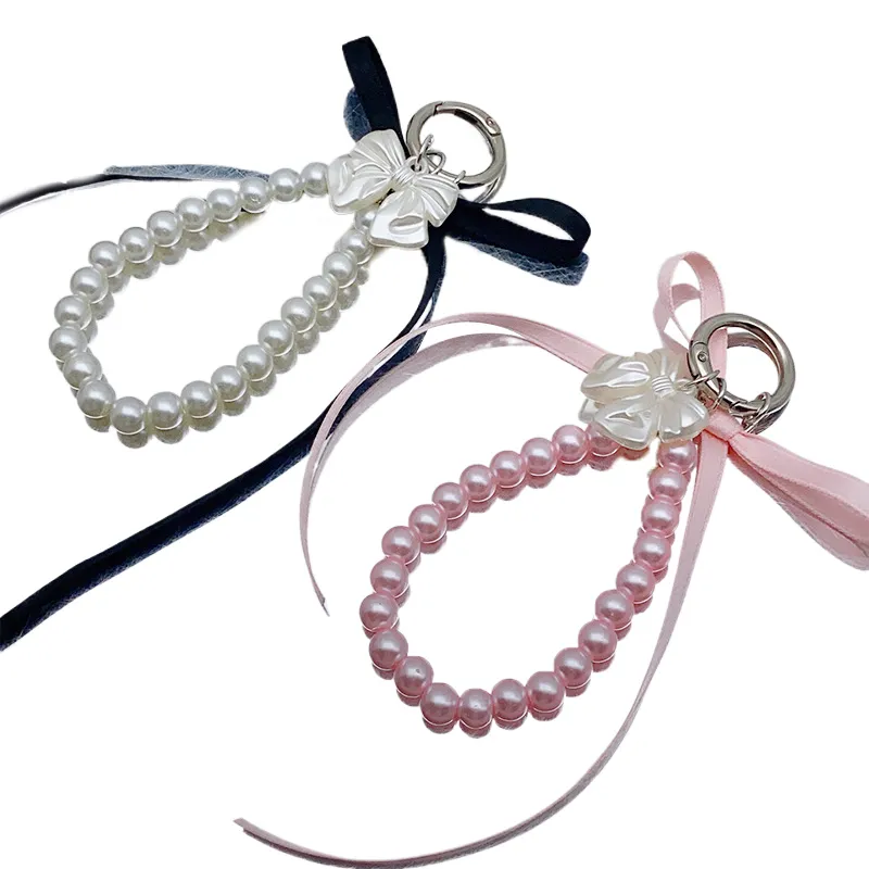 Portachiavi con fiocco in nastro, perline e perle, bianco latte, con nodo a farfalla, ciondolo per borsa da bambina, ciondoli per zaino, decorazioni e regali._voghion.com