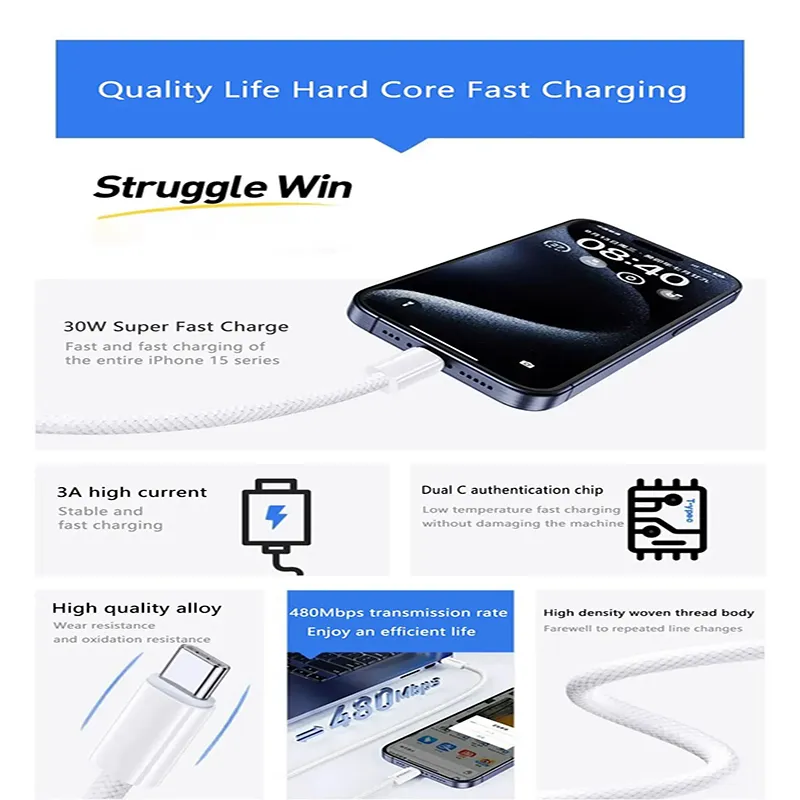 Cable de carga rápida USB tipo C de 120 W, 1 m y 2 m, de alta calidad, para iPhone y Android._voghion.com