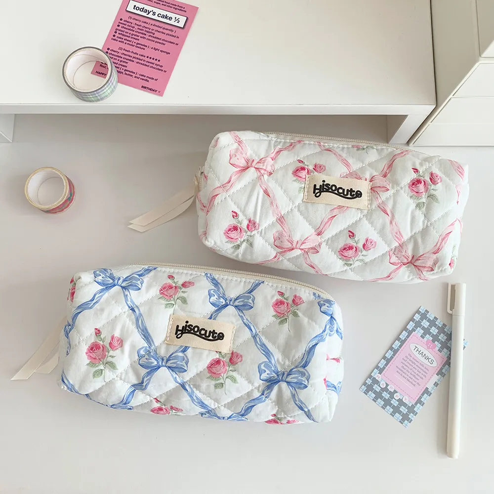 Borsa da trucco con cerniera, grande capacità, portatile, per cosmetici da donna, con fiocco e fiore, per ragazze._voghion.com