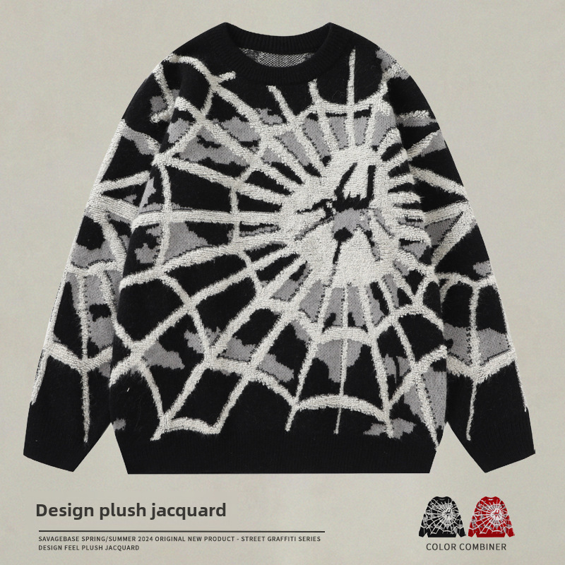 Men's Clothing Autumn and Winter Hip-hop Spider-web Cartoon Jacquard Crewneck Sweater Men's and Women's Brand Fried Street