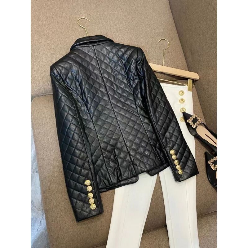 Women's Clothing Black short shoulder pads small casual suit pu leather female jacket_voghion.com