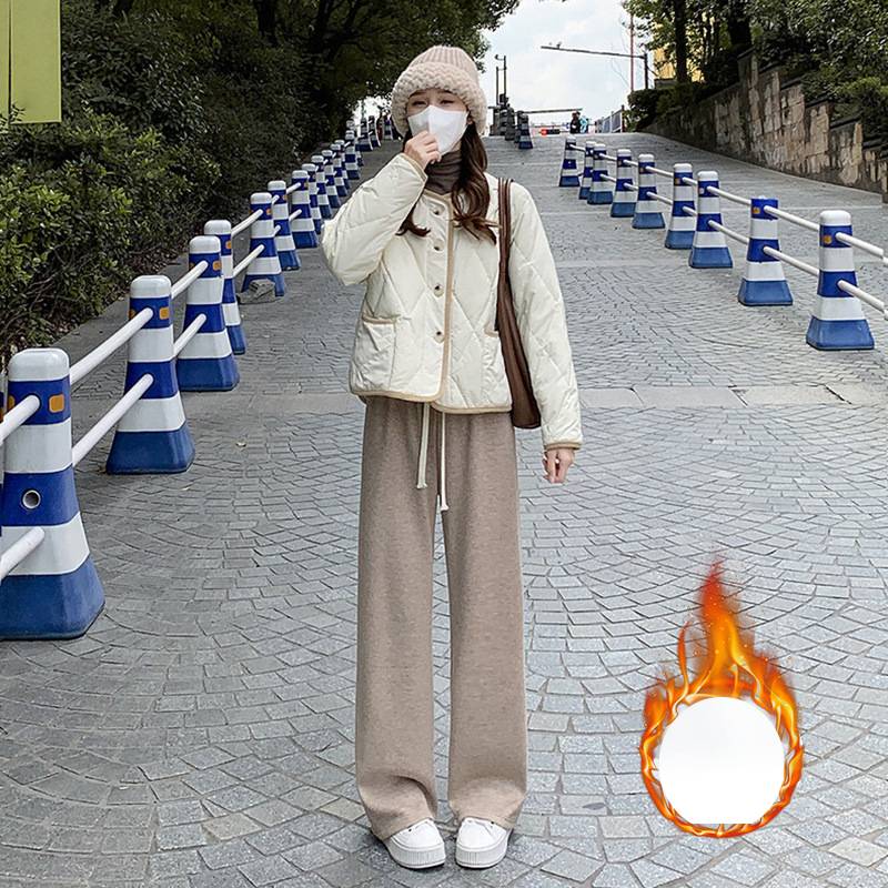 Pantalon tricoté rose imitation cachemire pour femme, automne et hiver, velours épais, taille haute, drapé, ample, décontracté, droit, jambes larges_voghion.com