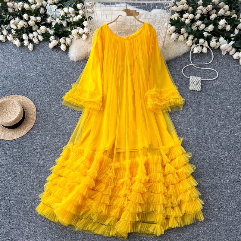 Women's Clothing niche elegant dress for women, high grade round neck, trumpet sleeves, slim temperament, loose mesh cake long skirt