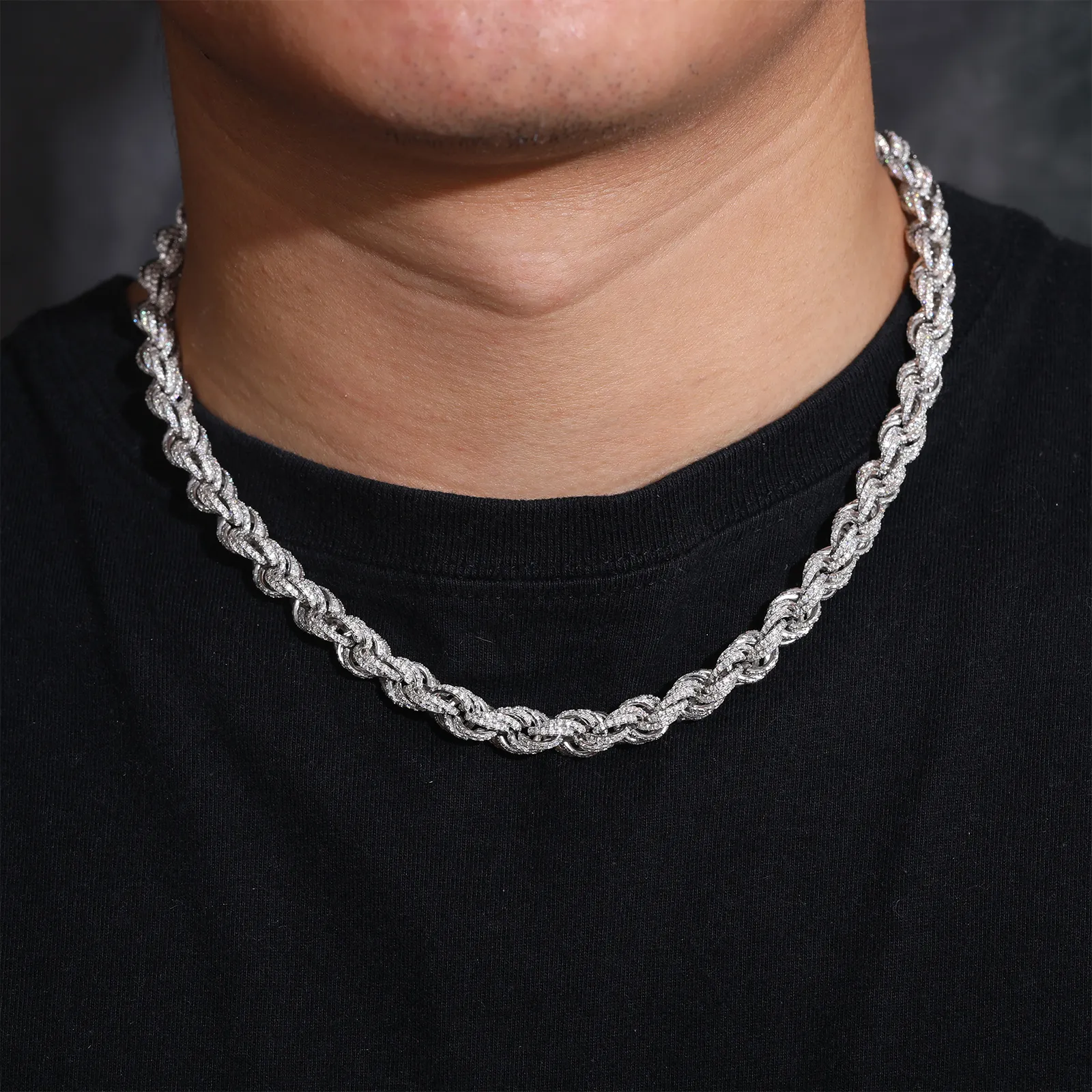 8mm Tamamen Buzlu Halat Kolye Yaylı Toka Bağlantı Zincir Bileklik Sterling Gümüş ve VVS Moissanite_voghion.com
