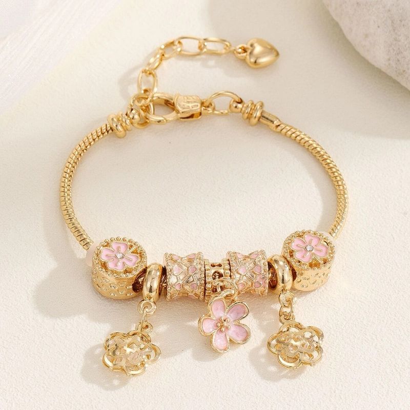 Pink Flower Charm Bracelet - Versatile Pink Beaded Dola Bracelet_voghion.com