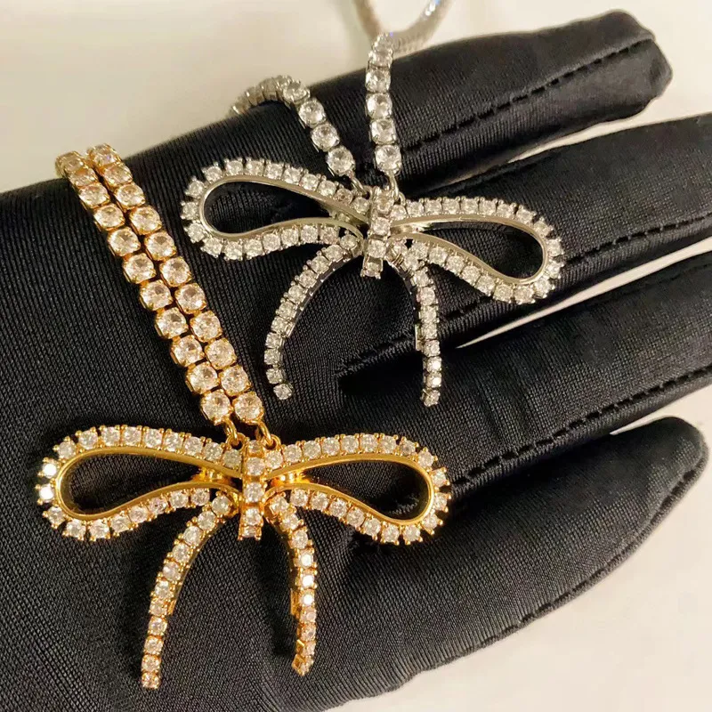 Paris B Brand Bowknot designer necklace for women gold geometry woman sweet bow knot chain choker shine nature diamond_ipsvogv.com