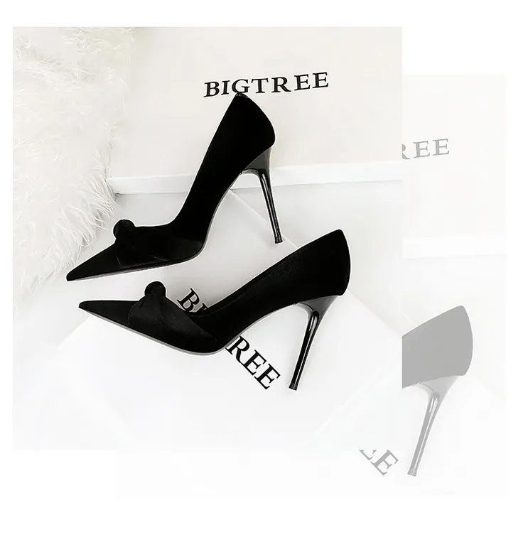 Women's Suede Pointed Toe Bow High Heels For Evening Banquet_voghion.com