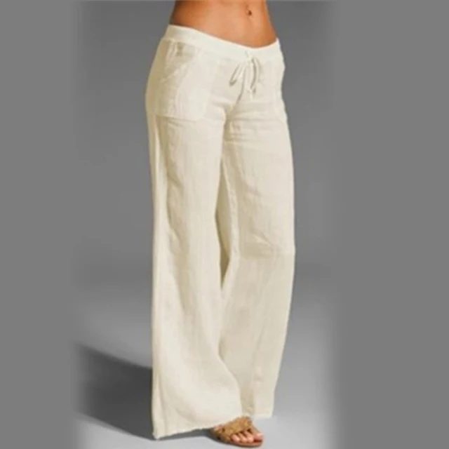 Pantaloni casual in lino e cotone con tasche a gamba larga da donna, alla moda, lunghi e elastici in vita, di colore solido, sottili_voghion.com