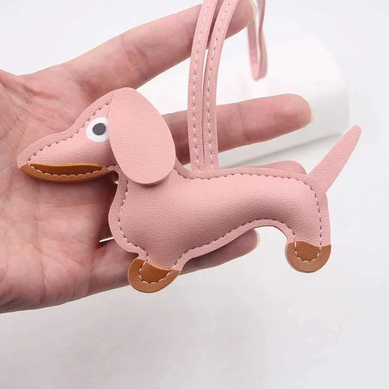 Portachiavi multicolore in pelle classica a forma di piccolo cane, simpatico ciondolo a forma di salsiccia, ciondolo per cellulare, treppiede, portachiavi, accessori_voghion.com