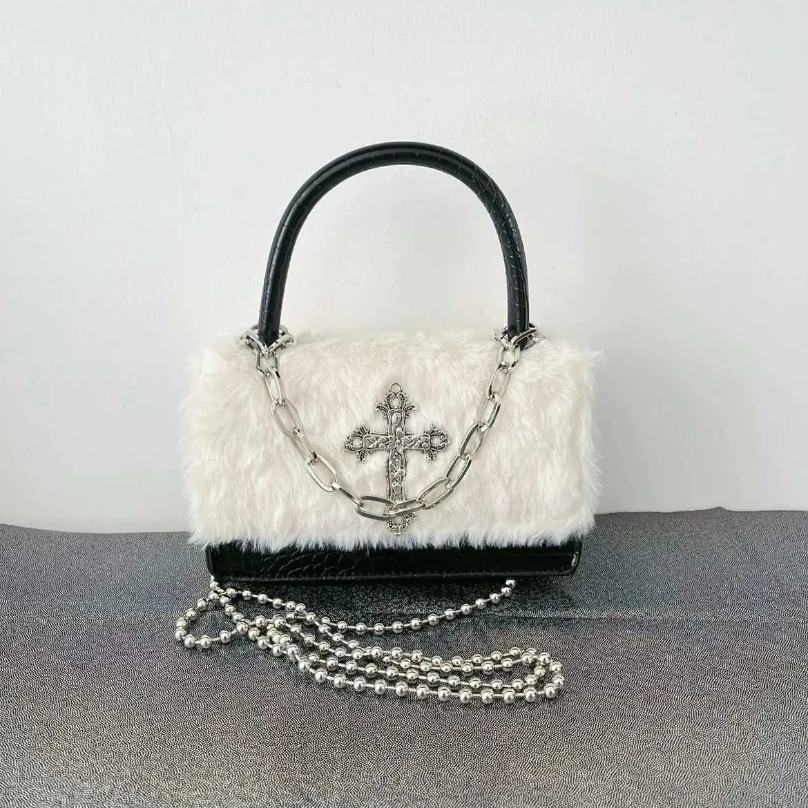 Quick view list Y2k Gothic Handbag for Women Soft Plush Cross Applique Chain Shoulder Hot Girls Hip Hop American Style_voghion.com