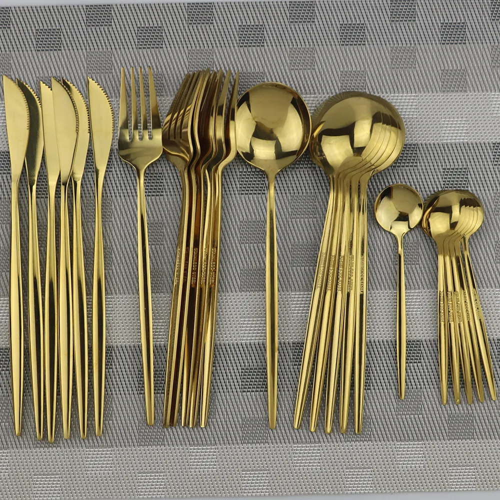 Conjunto de talheres de mesa dourados, 24 peças, aço inoxidável, garfo, faca, colher, talheres, caixa de presente 210317_voghion.com