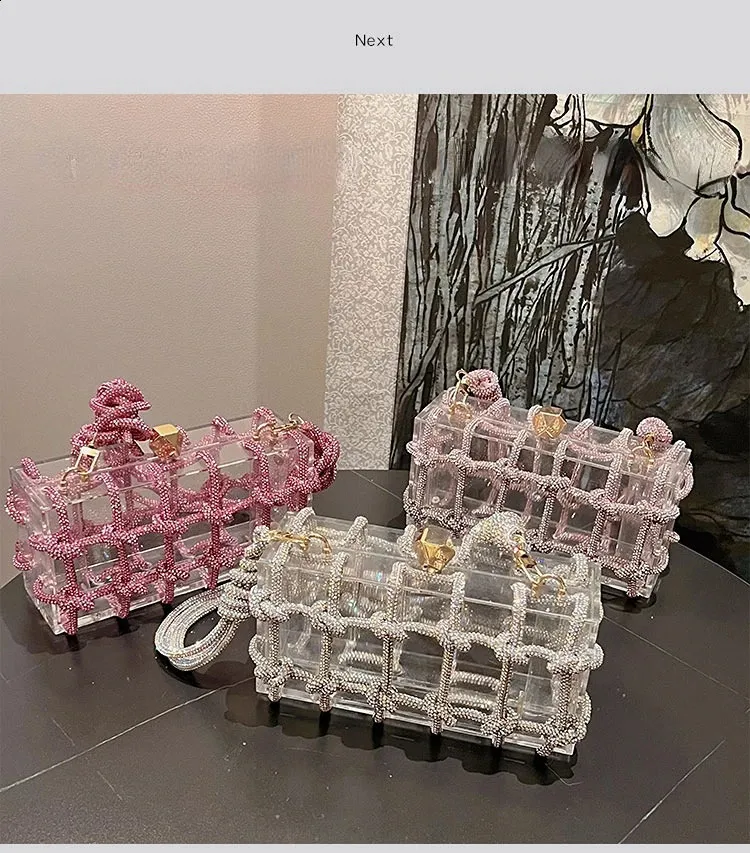 Dia átlátszó akril dobozos esti kuplungtáskák női butik szőtt csomózott kötél rhie pénztárcák és kézitáskák esküvői parti_voghion.com
