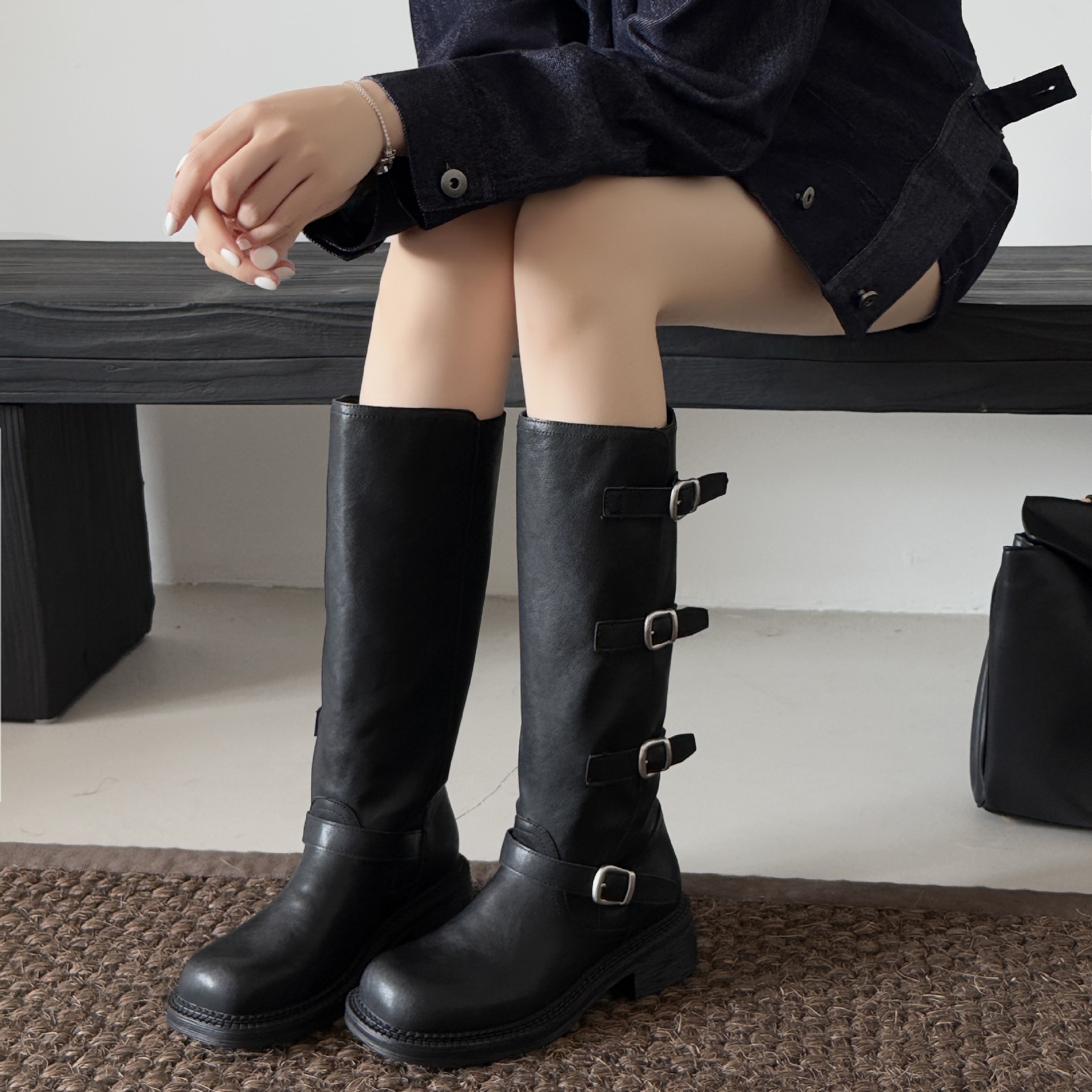 MARCO&JOYCE Long Boots For Women, Chunky Heel, Belt Buckle, High Tube, Black Boots, Versatile Genuine Leather, Wrinkled