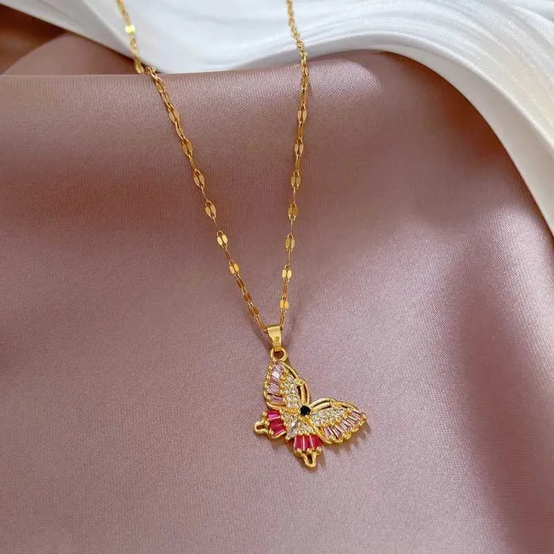 Collane in acciaio inossidabile, elegante collana con ciondolo a farfalla, catena con strass per donna, girocollo con cristalli scintillanti_voghion.com