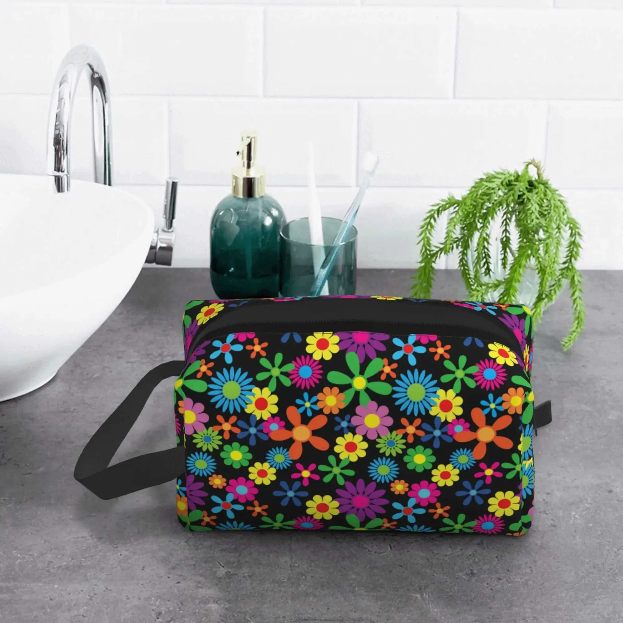 Trousse de maquillage de voyage étanche de grande capacité avec poignée pour femmes Hippie Wer Y241023_voghion.com