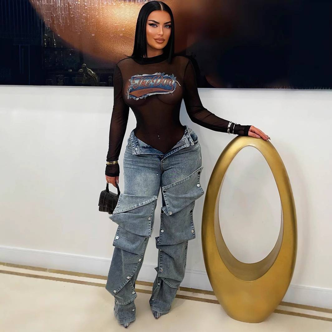 Women's Clothing Fashion Button Denim Decorated Loose Denim Pants