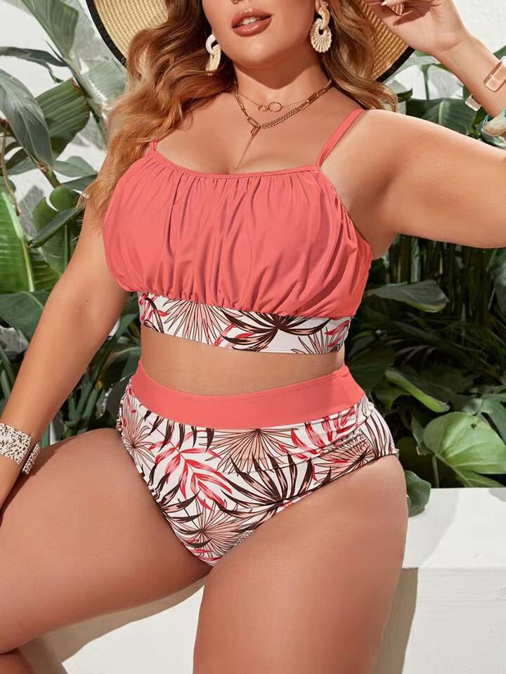 Women's large size plant print bikini suit chest pleated sling high waist split bikini_voghion.com