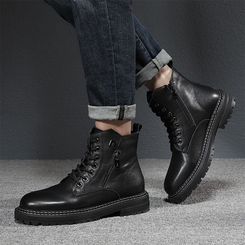 Men's first layer cowhide ankle British plus fleece work trend high top men's shoes motorcycle boots_voghion.com