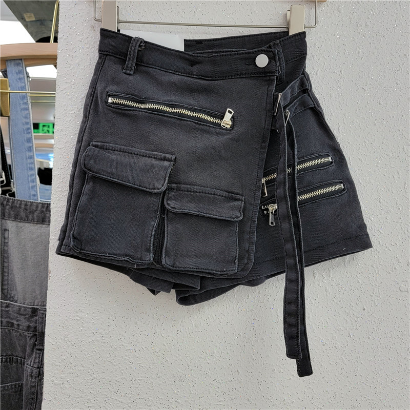 Damen-Shorts, koreanische Version, unregelmäßige Arbeitskleidung mit mehreren Taschen, A-Linien-Shorts für Damen, lockeres, weites Bein, 2024 Frühling/Sommer, neuer Jeansrock_voghion.com