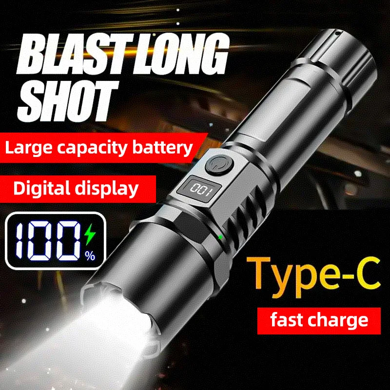 Ultra Bright LED Flashlight With Zoom And Battery Indicator Light, USB Charging Camping Light Flash_voghion.com