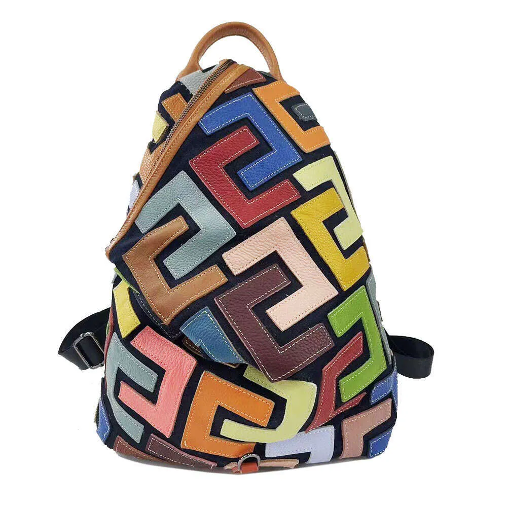 Vintage Lederrucksack Für Damen Bunter Patchwork Reise Rucksack_voghion.com
