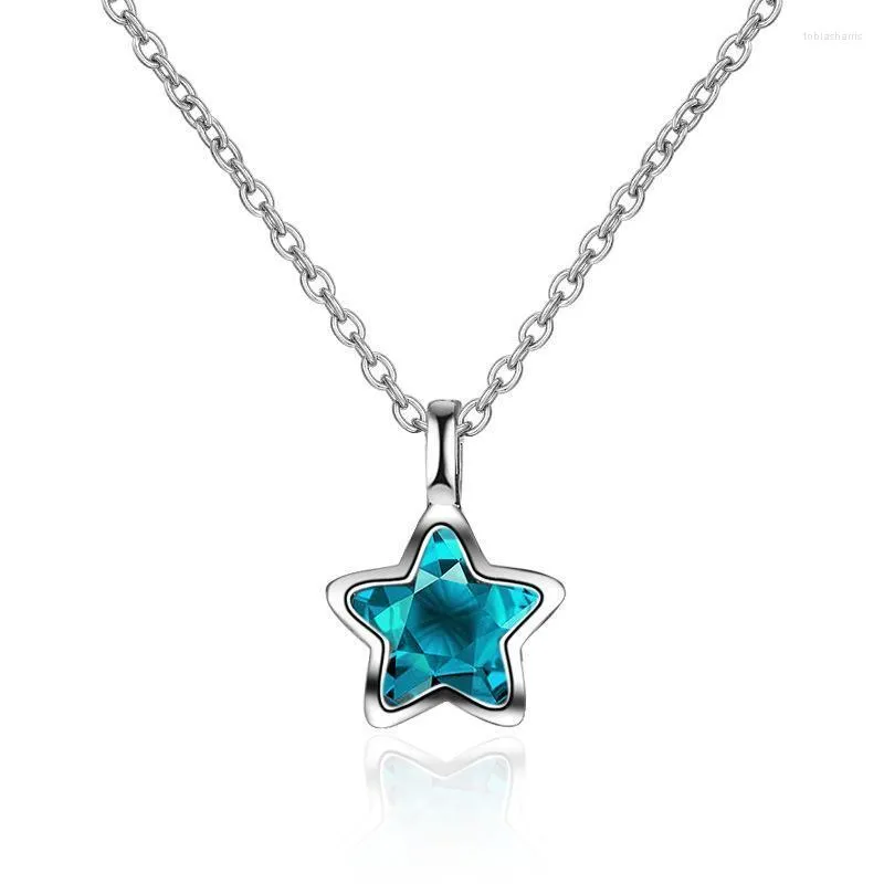 Ankunft Sterling Silber Mode Blau Kristall Stern Damen Ketten Halsketten Frauen Mädchen Schmuck Kurze Kette Geschenk Kein Verblassen_voghion.com