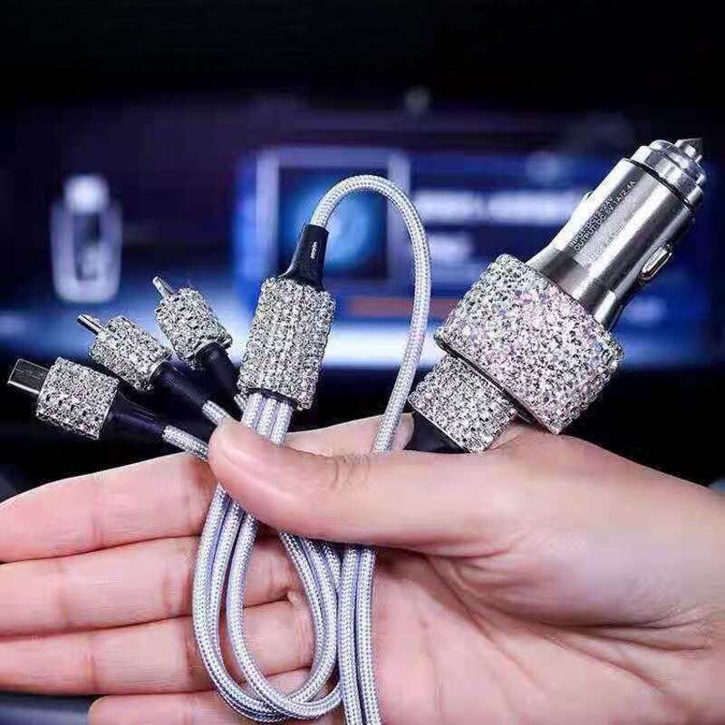 Elmas Gömülü Bir ila Üç Hızlı Şarj Veri Kablosu, Araba USB Çakmak, Cep Telefonu Şarj Cihazı_voghion.com