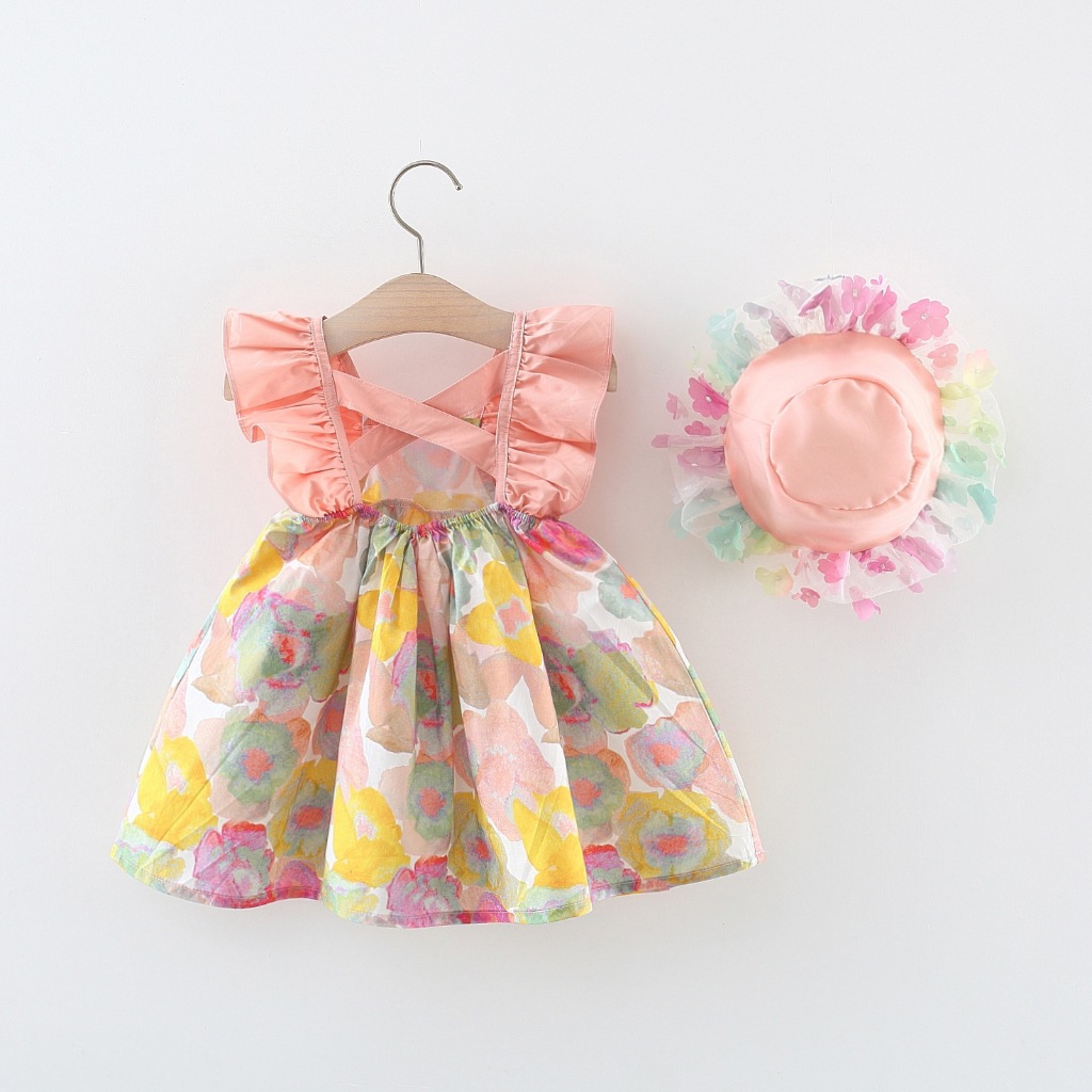 Summer New Colorful Flower Sleeveless Baby Girl Dress Solid Color Small Flying Sleeves Beach Party Children's Clothing Send Hat (0-3 Years Old)_voghion.com