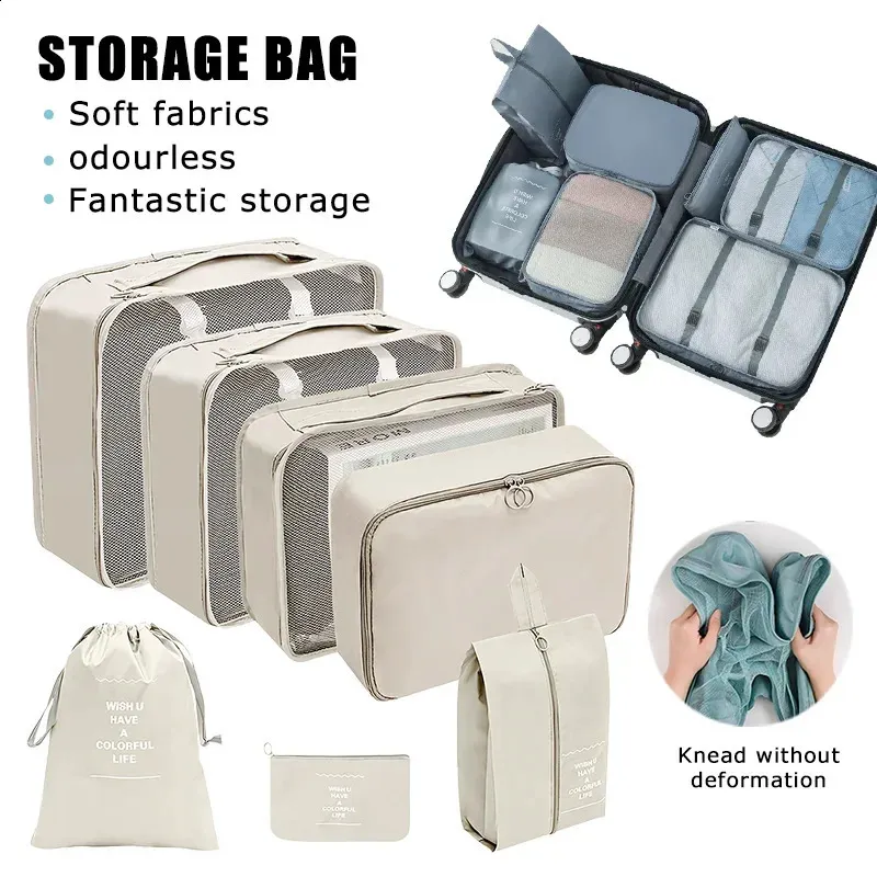 Lot de 7 sacs de rangement pour organisateur de voyage, valises, cubes d'emballage, étuis portables, grands vêtements, pochettes de rangement, ensemble de rangement pliable_voghion.com