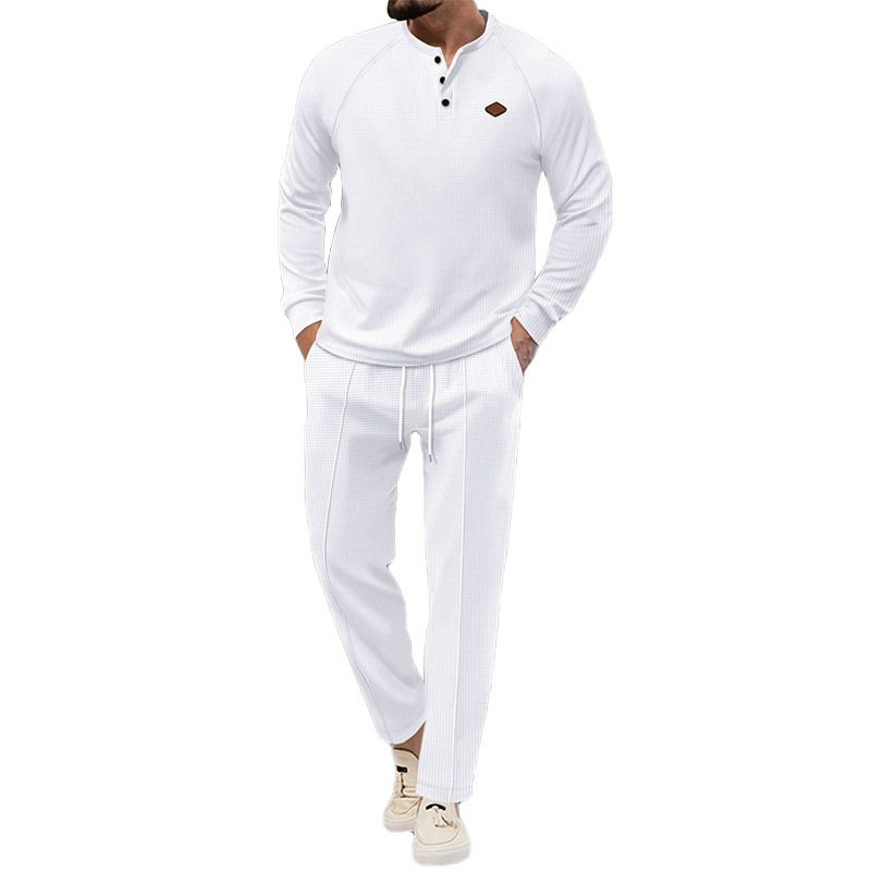 2024 Spring and Autumn New Men's Solid Color Waffler Henley Long sleeved Pants Set_voghion.com