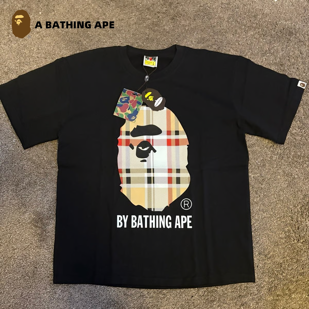 A BATHING APE BAPE&BB Checkered Striped Monkey Head Letter Print High-Quality Pure Cotton Short Sleeved Unisex-6